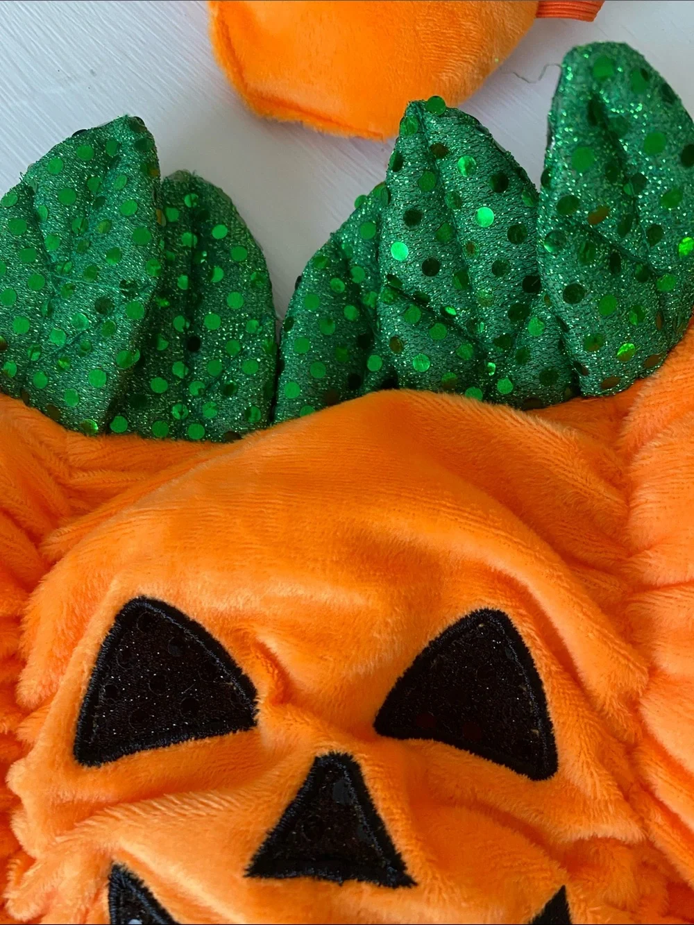 Small Dog Orange Pumpkin Costume with Green Leaf Accent & Hat